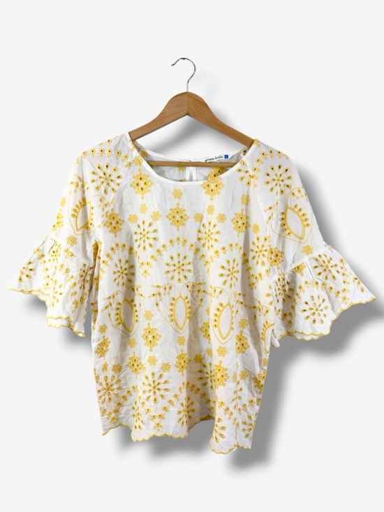 Tops - Given Kale White Yellow Eyelet Lace Blouse Size L Scallop Edge Summer Cotton